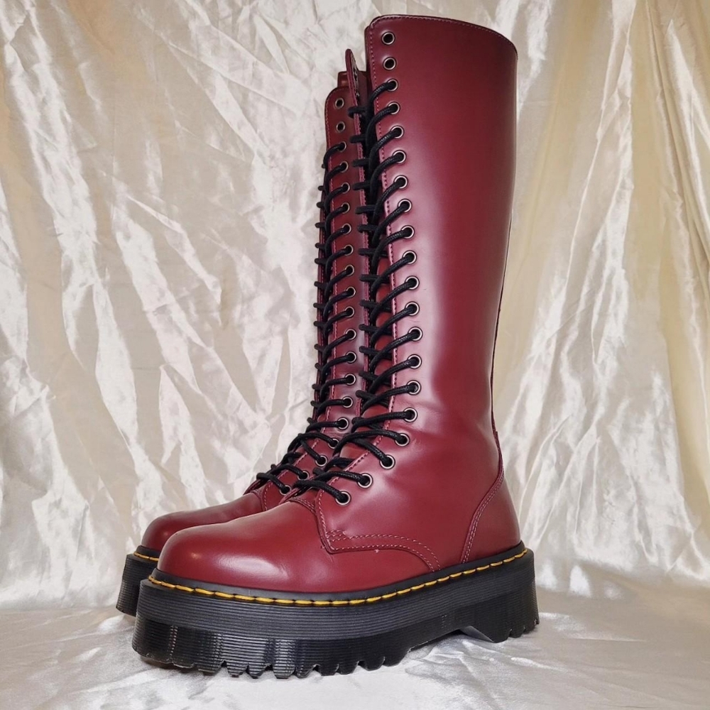 Dr. Martens Britain 20-eye knee high platform leather boots in "Cherry Red"
